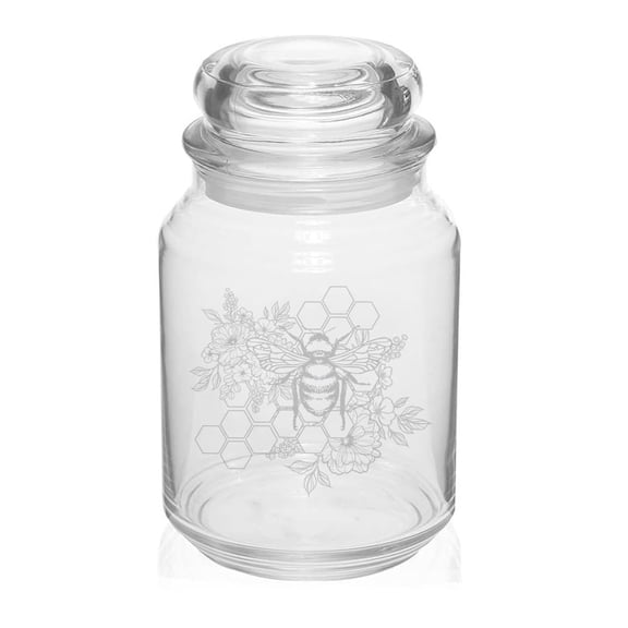 26 oz Glass Candy Jar Apothecary Storage Jar Gift Honeycomb Bee Flowers