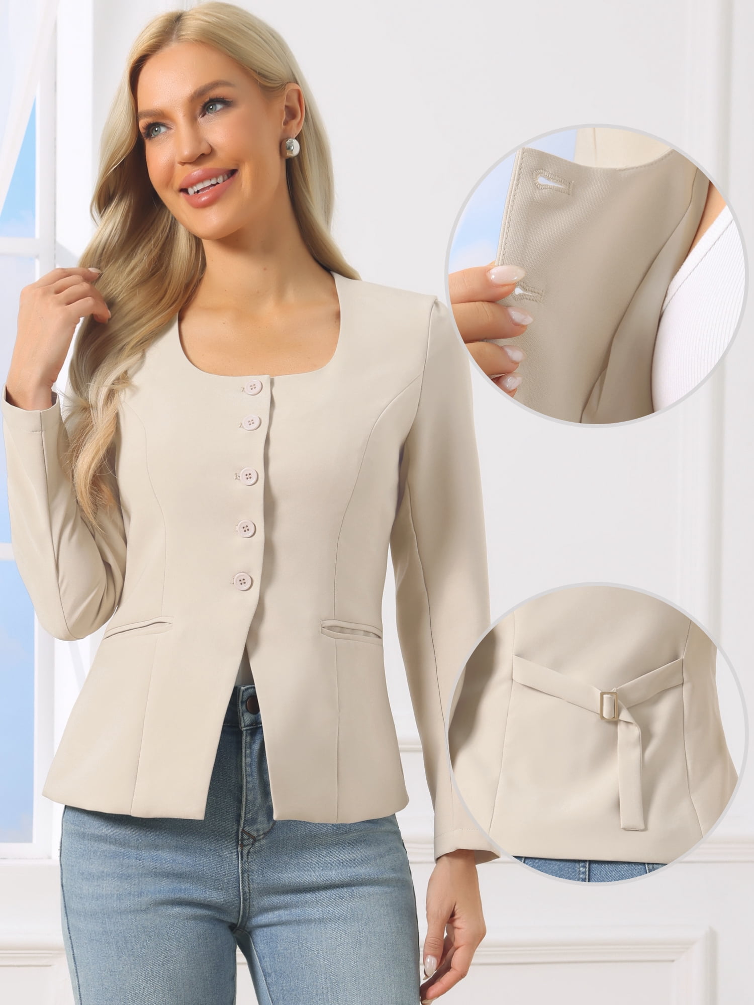 DARING DIVA Women's Casual Collarless Button Down Scoop Neck Fitted Blazer S Apricot