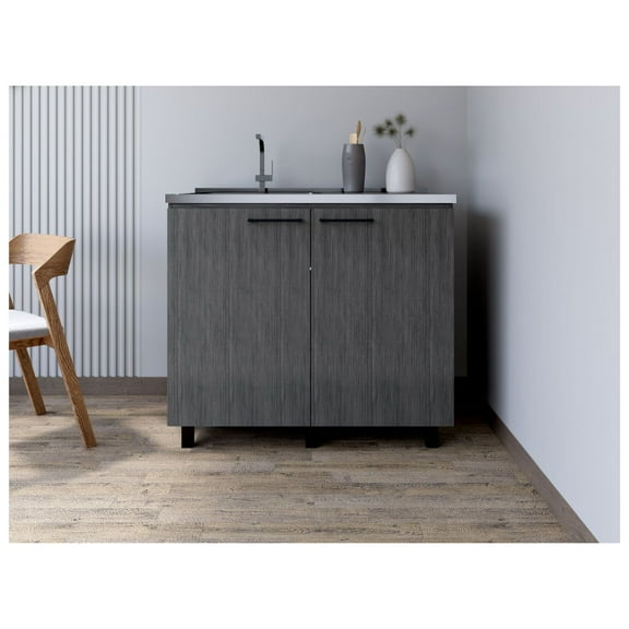 Utility Sink Cabinet, Burwood Kitchen Sink Base, Smokey Oak Finish, 39.3"W, Storage Cabinet with Sink