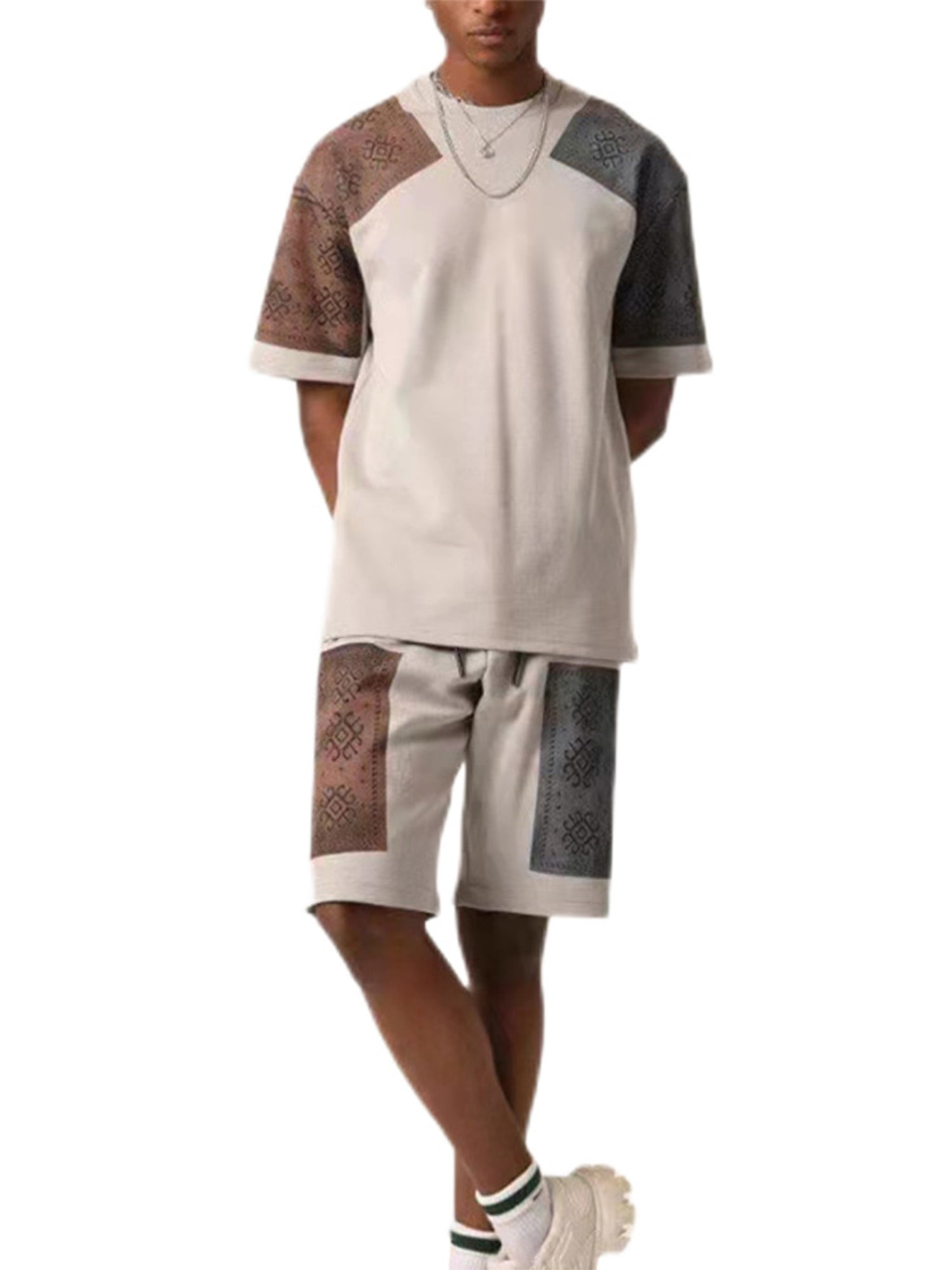 Capreze Men Summer Shorts Outfits Short Sleeve Tops and Pants Patchwork  Nightwear Lounge Pjs Set Homewear Khaki XL 
