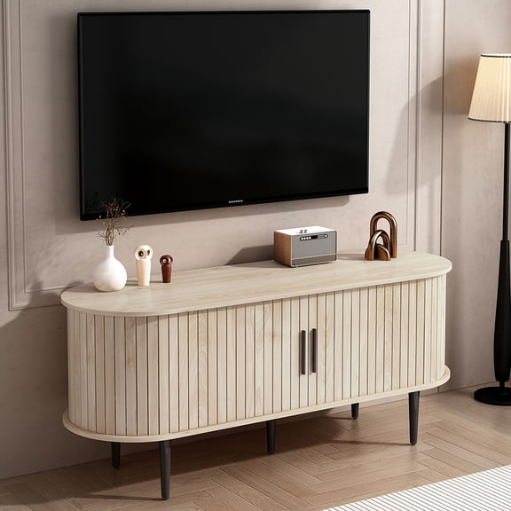 S-HOME 47 Inch TV Stand in Natural Wood Color with Sliding Door and Storage Ideal for Living Room and Bedroom Setup