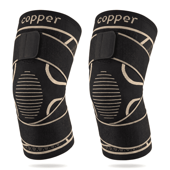 Copper Knee Braces with Strap 2 Pack, Knee Compression Sleeve for Arthritis ACL Meniscus Tear, Joint Support for Working Running Weightlifting, L Size