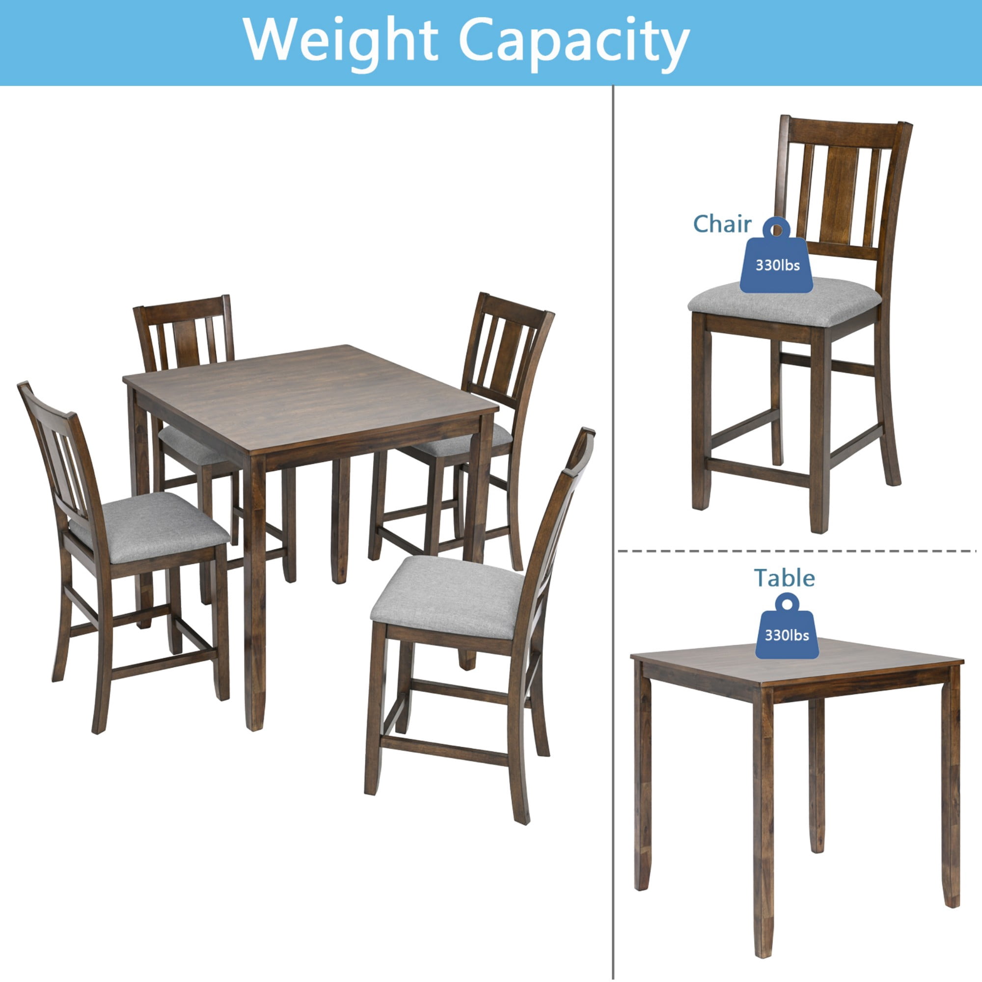 BSHTI 34.5" Acacia Wood 5-Piece Counter Height Dining Table Set with Fabric Upholstered Slatted-Back Chairs for Kitchen（Walnut）