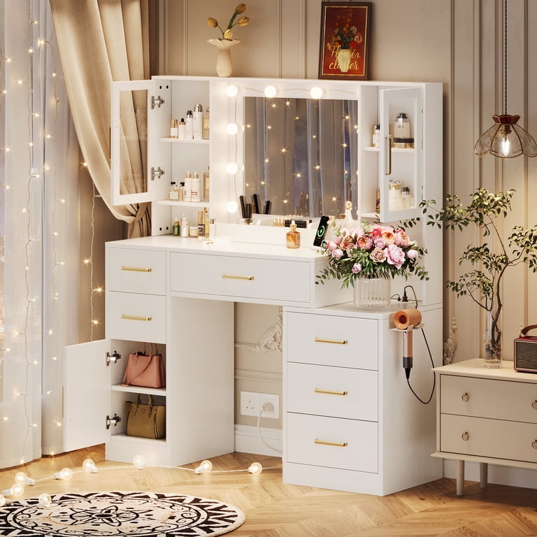 Ugtoo 51.2" White Modern Vanity Dresser With 6 Drawers & 3 Cabinets, Mdf Makeup Table For Bedroom, Space-Saving Storage Organizer, Easy Assembly