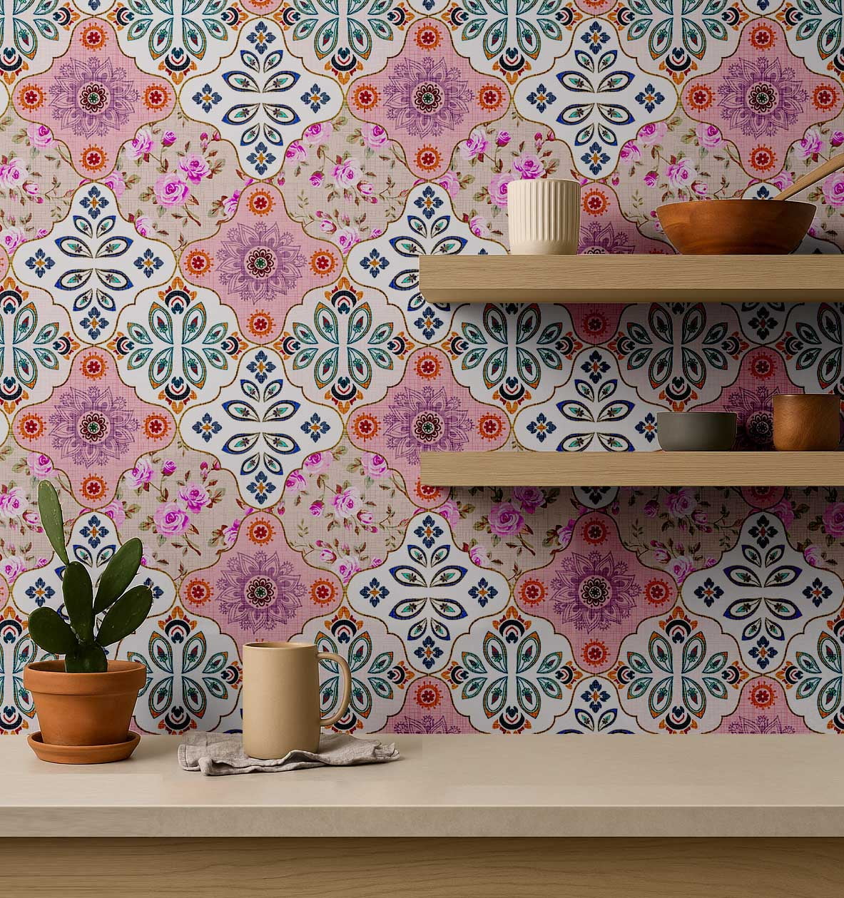 S4sassy Self Adhesive Wallpaper, Geometric Wallpaper, Pink Removable DIY Tile Pattern Wall Covering, Textured Peel and Stick Contact Paper for Entryway Accent Walls, Kitchen Backsplash (25"x60")