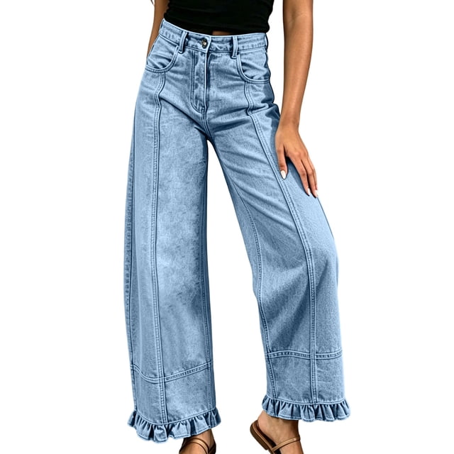 Hinvhai Womens Ruffle Wide Leg Jeans Cropped Elastic High Waisted Baggy Denim Pants Blue L(L)