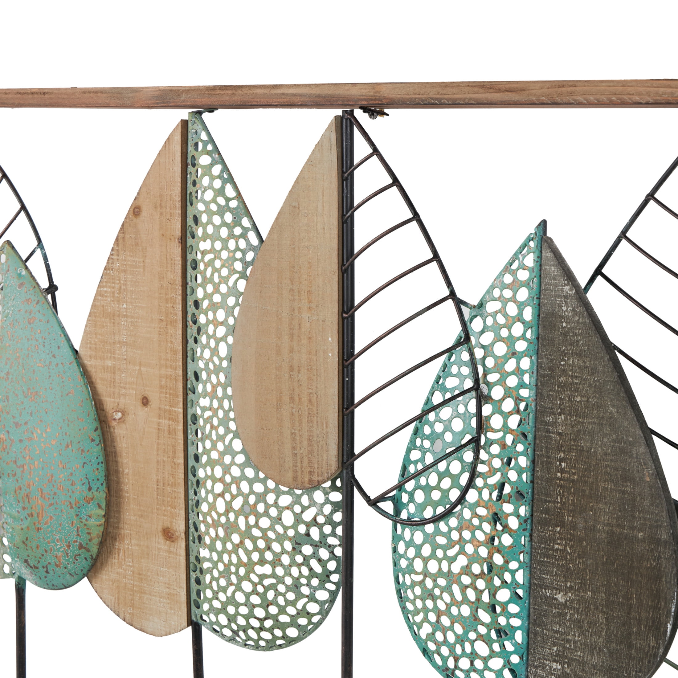 DecMode Brown Wood Cutout Leaf Wall Decor with Green and Black Metal Wire Accents
