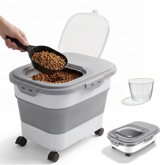 Collapsible Pet Food Storage Container with Airtight Locking Lid, Rolling Casters & Scoop, 20–23 Lbs Large Multipurpose Bin for Dry Pet Food, Rice & Flour