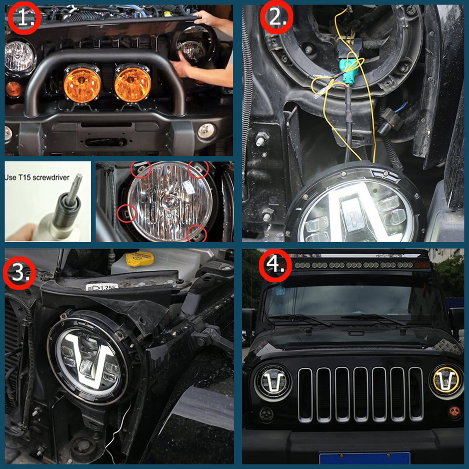 Walmeck 1pcs /24V Motorcycl Headlight 7'' V-shape LED Headlight with Turn  Signal Lights DRL Hi/Lo Beam Replacement for Jeep Wrangler JK JKU CJ LJ TJ  Hummer H2 