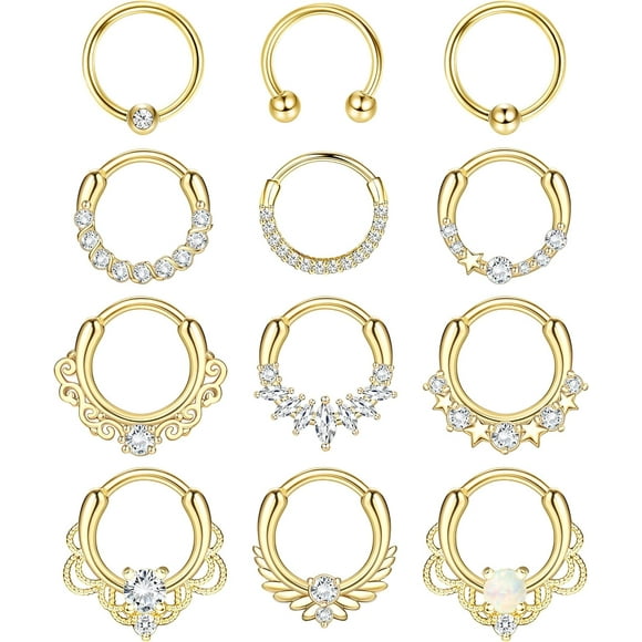shiyou-12pcs Septum Jewelry 16g Daith Earrings Hinged Hoop Nose Rings Septum Clicker Cz Stainless Steel Cartilage Earring Helix Tragus Daith Piercing Jewelry