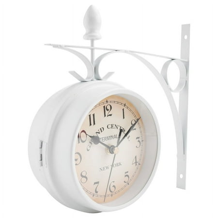Iron Round Wall Hanging Double Sided Two Retro Station Clock Round Chandelier Wall Hanging Clock Hom White iron+glass