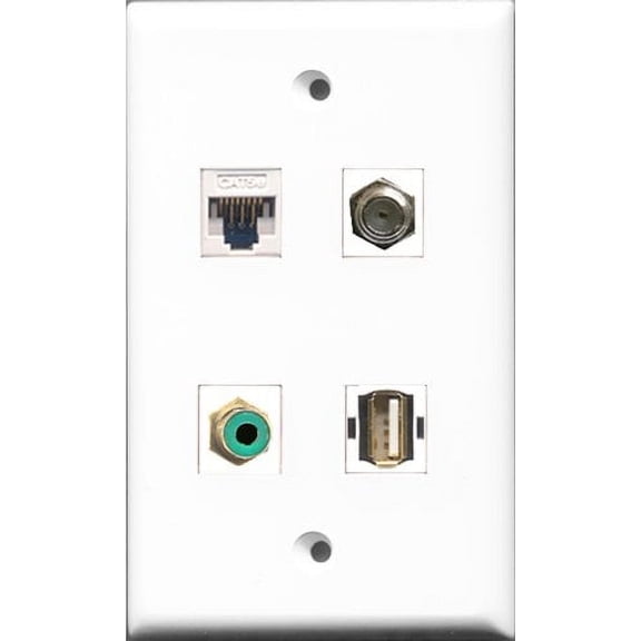 RiteAV - 1 Port RCA Green and 1 Port Coax Cable TV- F-Type and 1 Port USB A-A and 1 Port Cat5e Ethernet White Wall Plate
