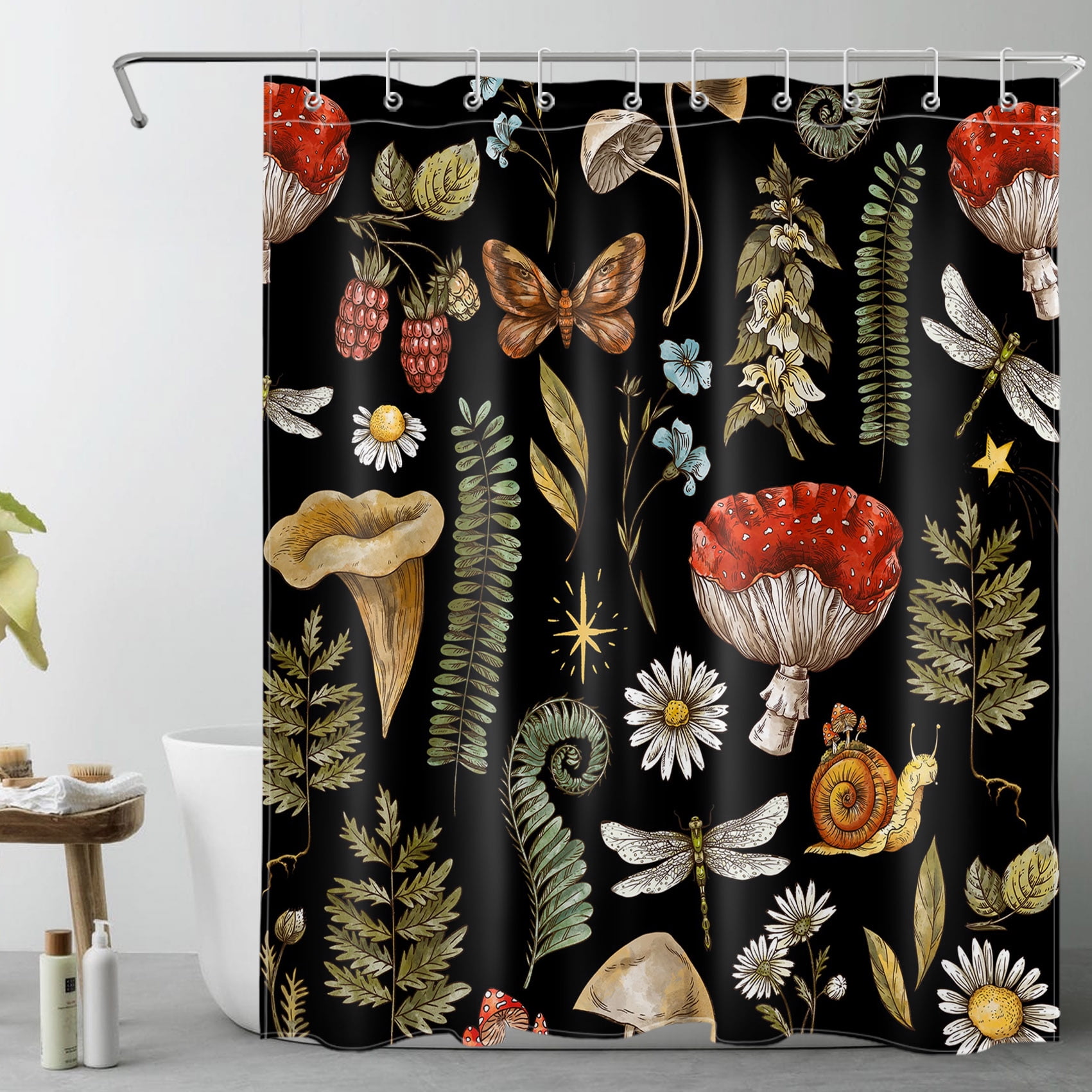Vintage Red Mushroom Shower Curtain Decor,Rustic Green Leaf Plant and ...