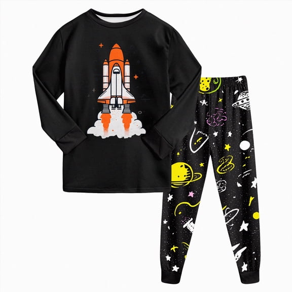 CAICJ98 Toddler Boy Pajamas Long Sleeve Space Rocket Top and Planet Pants Pjs Set Little Kids 2 Piece Soft Cotton Sleepwear (3-4 T,Orange)