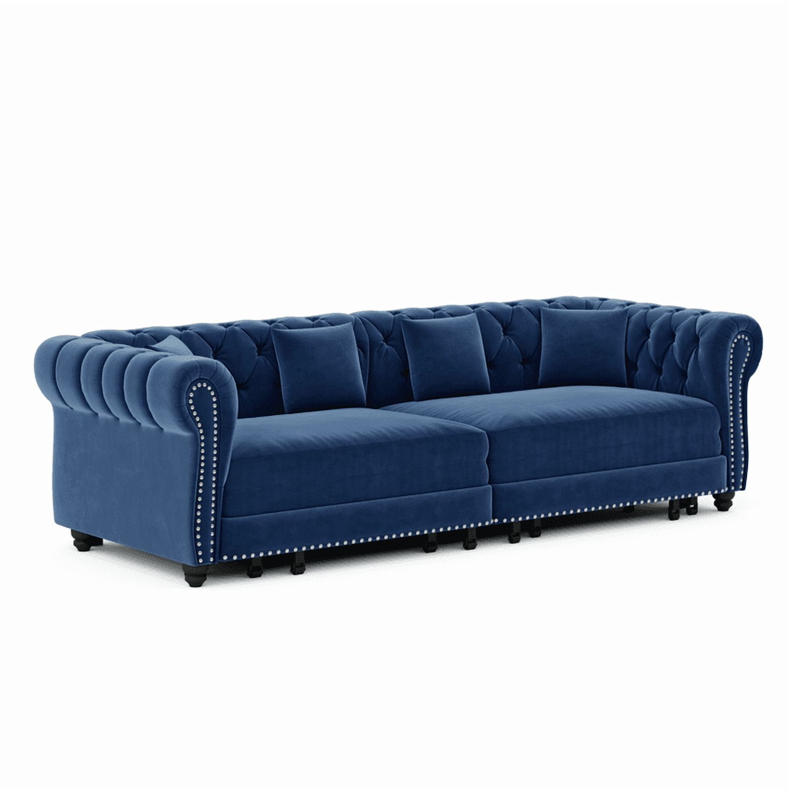 3-in-1 Pull-Out Sofa Bed, 89'' Chesterfield Sofa, Convertible Sleeper Sofa Bed, King Size Sofa Bed, Chaise Lounge, Tufted Design Velvet 3-Seater Sofa with Movable Ottoman
