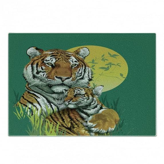 Safari Cutting Board, Tiger Family in the Jungle Full Moonlight Night Grass Abstract, Decorative Tempered Glass Cutting and Serving Board, Small Size, Jade Green Pale Green, by Ambesonne