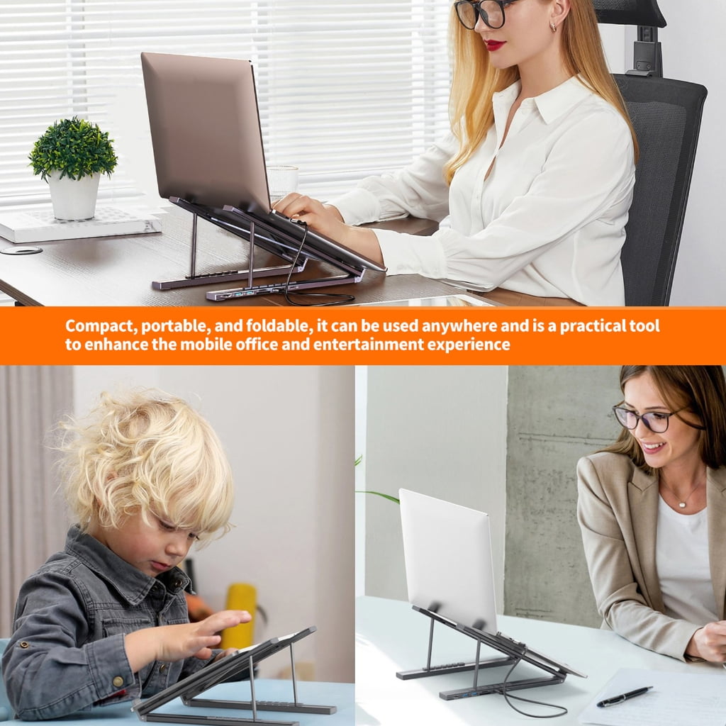 Aluminum Alloy 7 Port Foldable Notebook Stand with Docking Function Height Adjustment No External Power for Stability