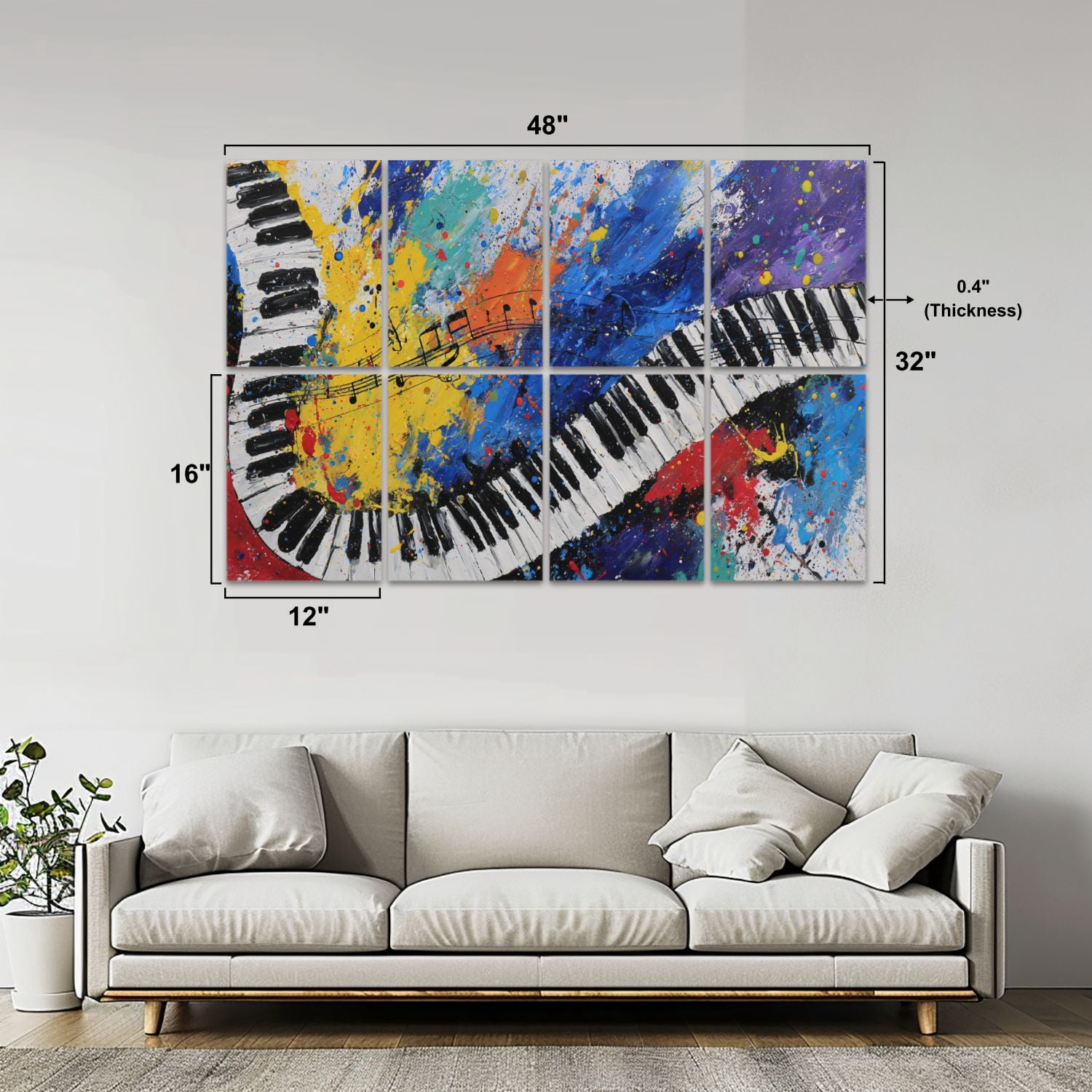 8 Pack Art Acoustic Panels Sound Absorbing Abstract Piano Keyboard Musical Notes Splash Graffiti Curved Piano Decorative Soundproof Wall Panels Self Adhesive for Nursery Game Room Bedroom 48"x32"