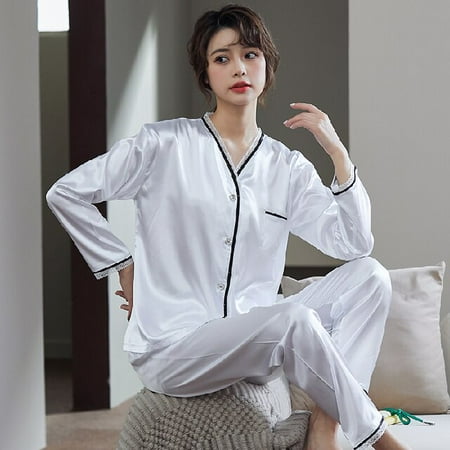 

PIKADINGNIS 2 Piece Women Set Spring Autumn Long Sleeve Pajamas for Woman Fashion Silk Sleepwear Home Cloth Lace Soft Trousers Satin Pajama