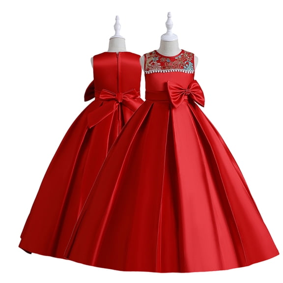 Godderr Flower Girl Satin Dresses for Toddler Kids Noble Long Princess Dress Embroidery Party Ball Gowns Bow Birthday Wedding Party Mesh Outfit