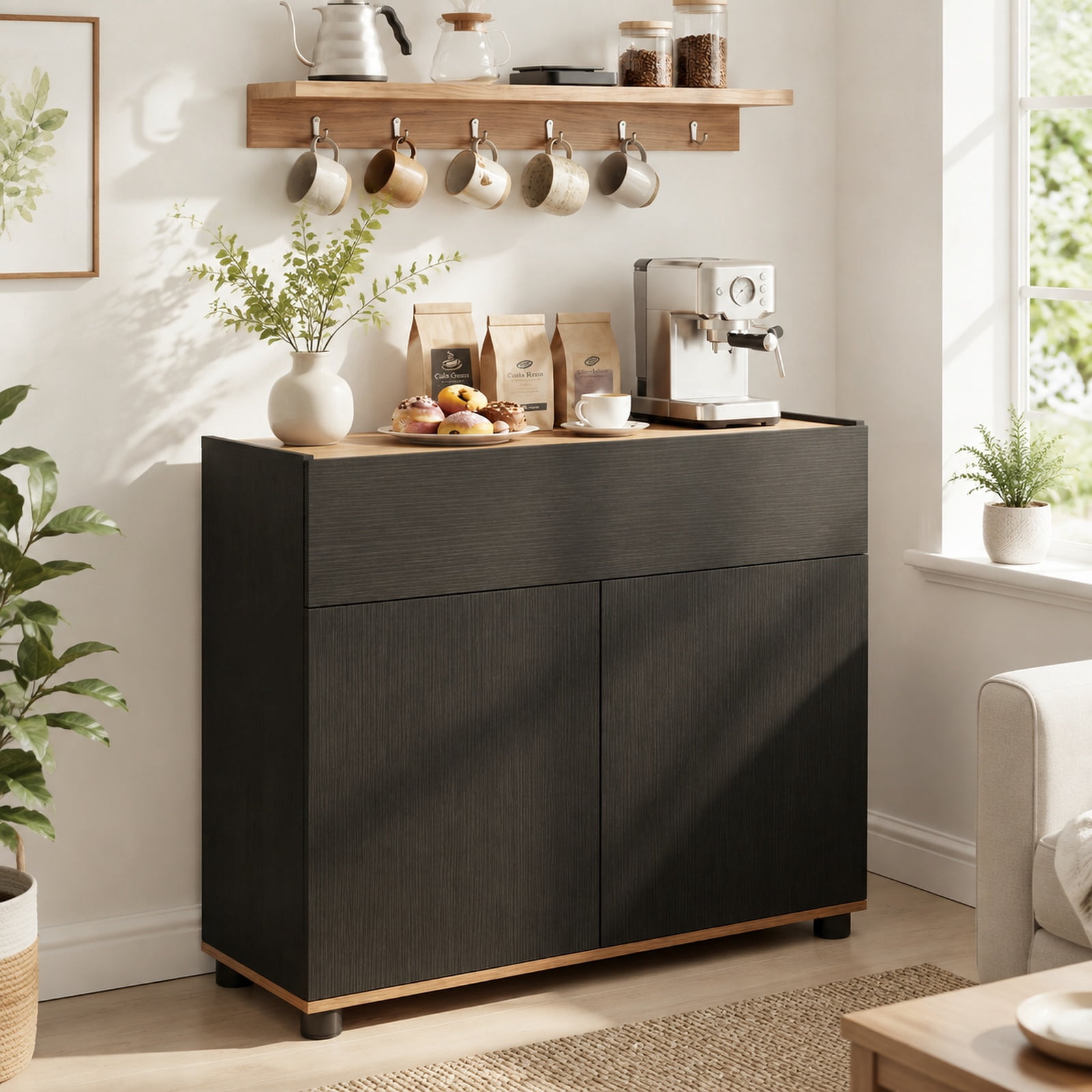 Furnibear Sideboard Buffet Cabinet with Storage Wooden Kitchen Storage Cabinet for Kitchen Dining Living Room Buffet Storage Server, Black