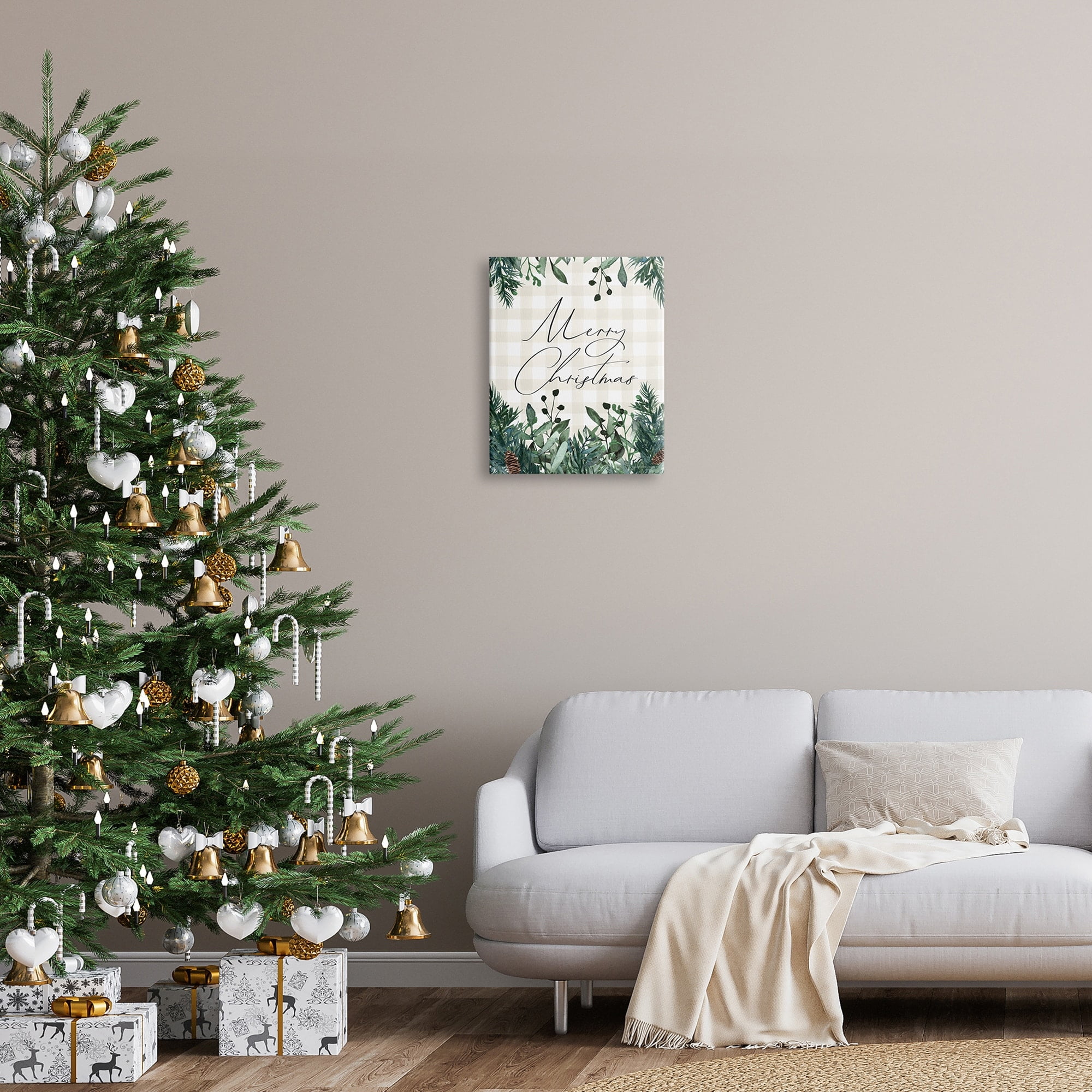 Merry Christmas Script Gingham Pinecone Botanicals Border Botanical & Floral Graphic Art Gallery-Wrapped Canvas Print Wall Art