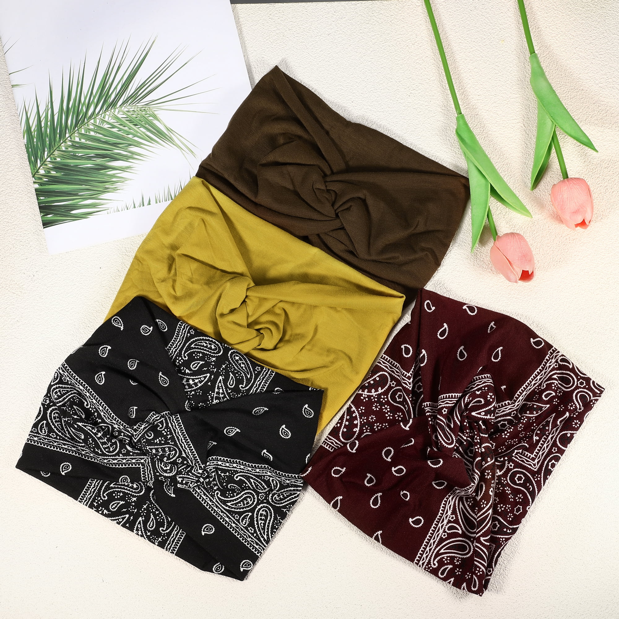 Unique Bargains Fashion Bohemia Widening Knotted Headwrap Brown Yellow Black Red 4pcs