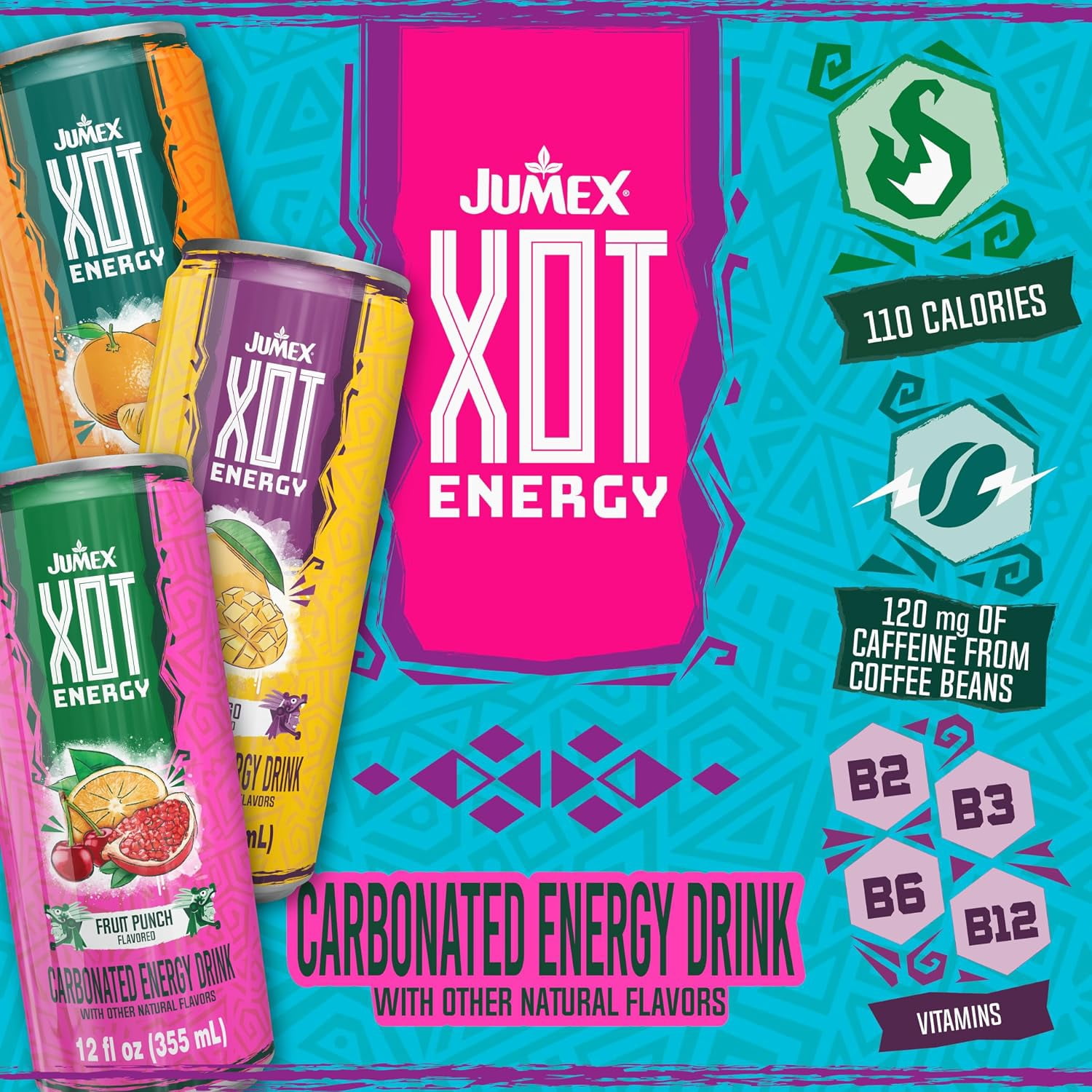 (12 pack) Jumex XOT Fruit Punch Sparkling Energy Drink, 12 fl oz