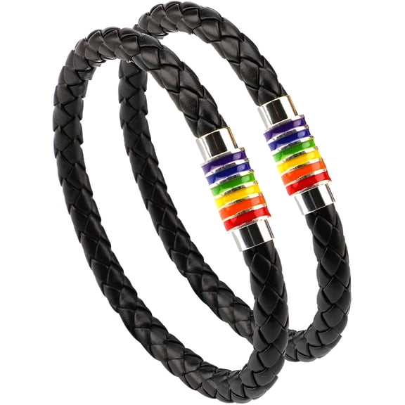 DESIGNICE Gay Pride Bracelet Lgbt Rainbow Bracelet (2 Packs),Couple Black Leather Bracelet Men’S Women’S Bangle with Rainbow Striped Stainless Steel Magnetic Clasp 22Cm