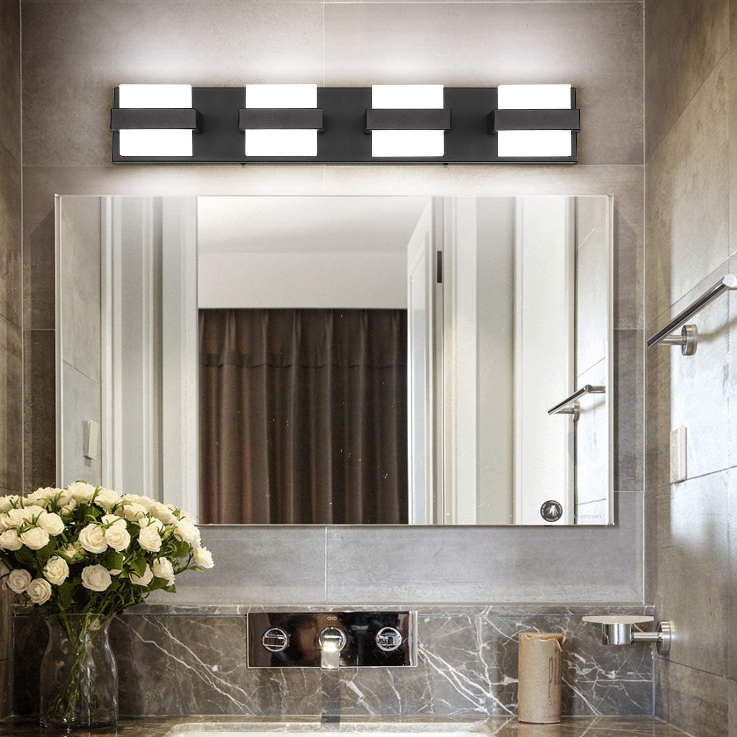 SOLFART 4 Lights Black Vanity Light Fixtures Modern LED Bathroom Light Black Bathroom Lighting Fixtures for Mirror 27 inch White Lights Non Dimmable