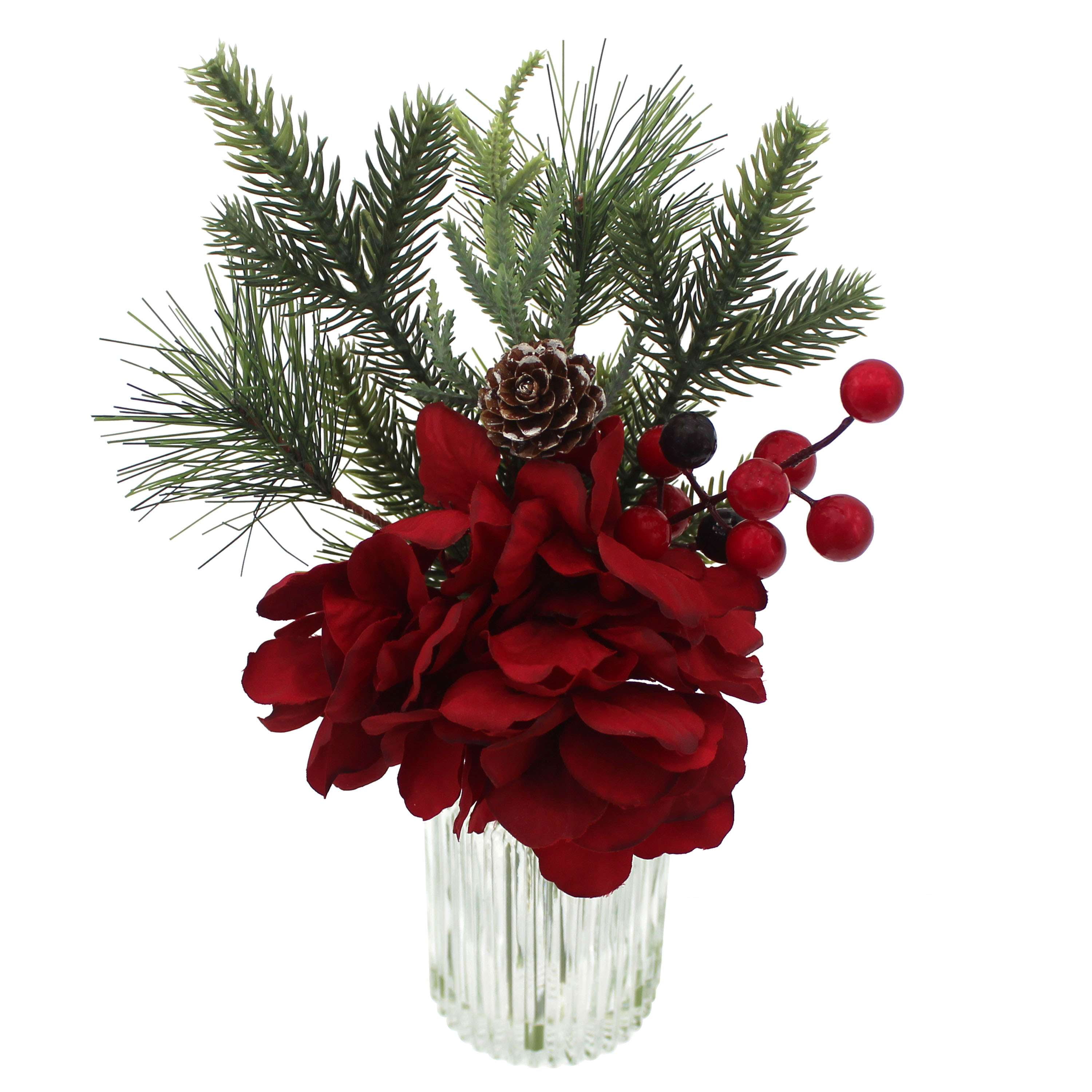 Mainstays 11.5" Decorative Tabletop Artificial Christmas Red Floral Hydrangea in Clear Ribbed Glass Vase