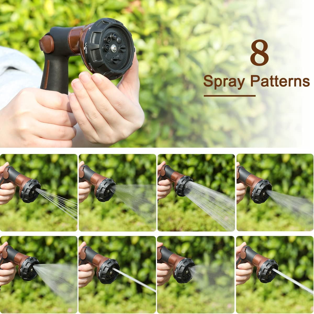 FANHAO 100% Heavy Duty Metal Garden Hose Nozzle, 8 Spray Patterns Watering Nozzle for Thumb Control