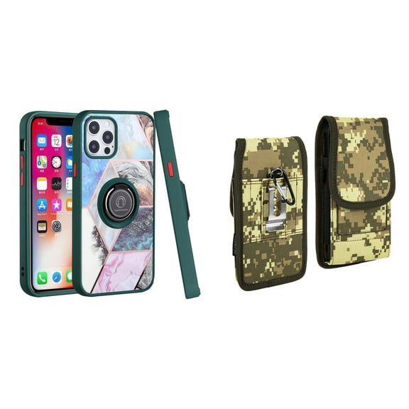 Bemz Ring Series Case for iPhone 14 Plus (TPU Silicone Cover with Magnetic Stand) and Vertical Rugged Nylon Belt Holster Pouch (Green on Galaxy Marble/Digital Camo)