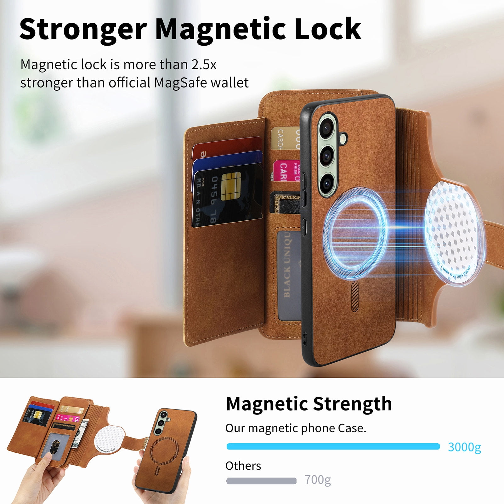 TECH CIRCLE for Galaxy S24 FE 2-in-1 Phone Case 6.7" 2024, Magnetic Back Cover with Removable Flip Wallet Case, with Card Slots/Ring Holder Grip, Compatible with MagSafe, PU Leather Case, Brown