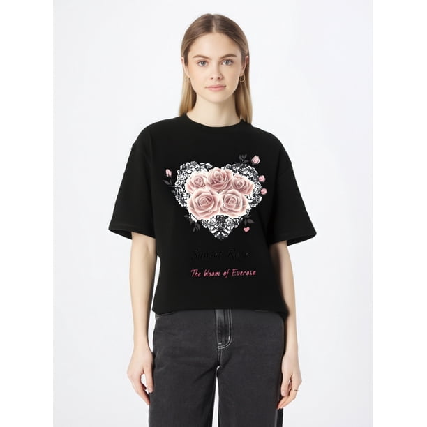 Women'S Summer Casual T-Shirt Fashion Flowers Rose Valentine'S Day Retro Print Short Sleeve Round-NeCamisetas de verano para mujer, manga corta, cuello redondo, casual, lindo, con gráficos, camisetas