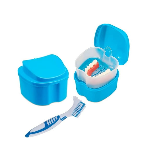 Denture Bath Box with Cleaner Brush with Rinsing Basket Tray Container