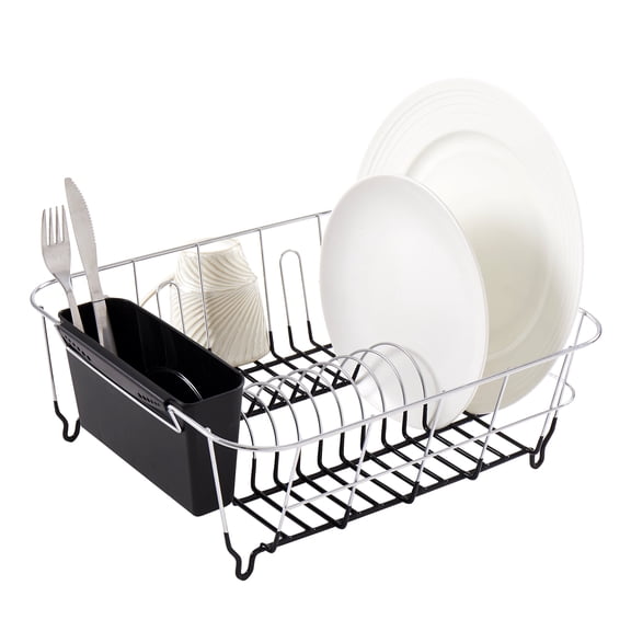 2 Piece Chrome Plated Steel Small Compact Dish Drainer, Black