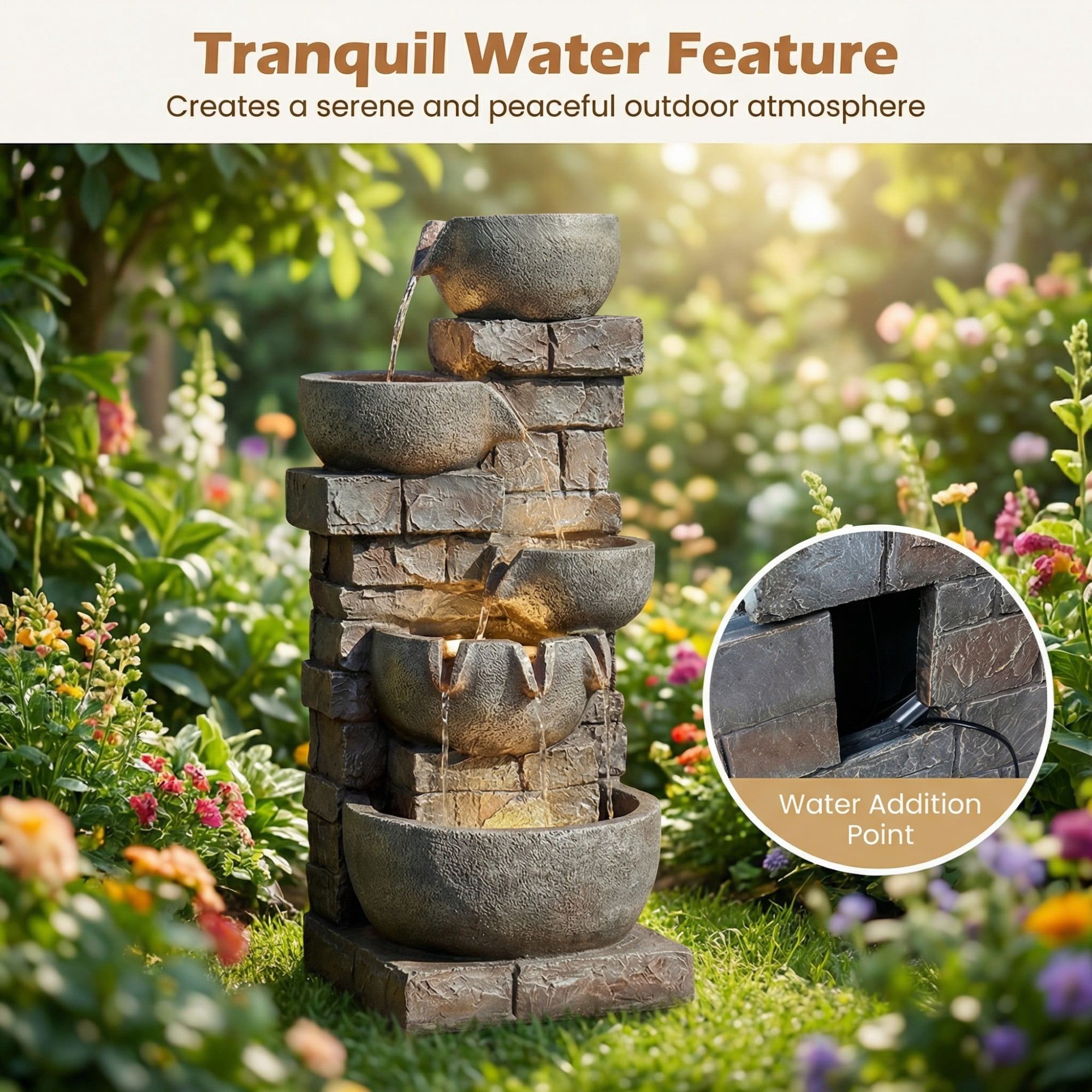 ELLEGNT 33" 5-Tier Cascading Water Fountain with Color-Changing LED Lights – Outdoor Fountain for Patio, Backyard, Porch, Deck, or Garden