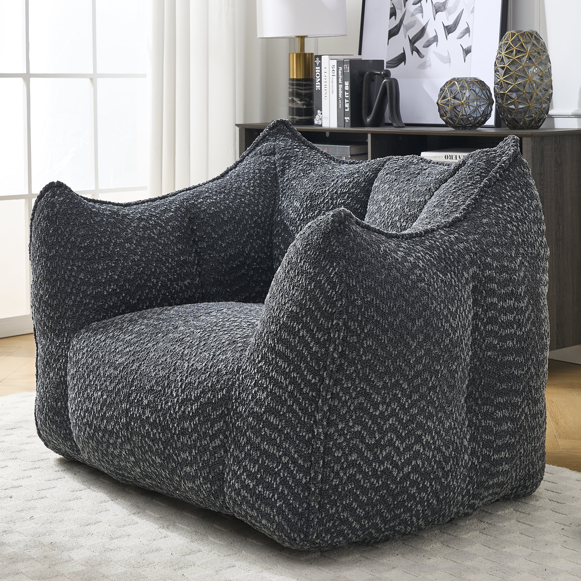 Newest Bean Bags Chairs for Adults, Large Comfy Corduroy Beanbag Couch with Armrests Shell-Shaped Lazy Floor Sofa for Living Room, Bedroom, Gaming, Reading, Grey