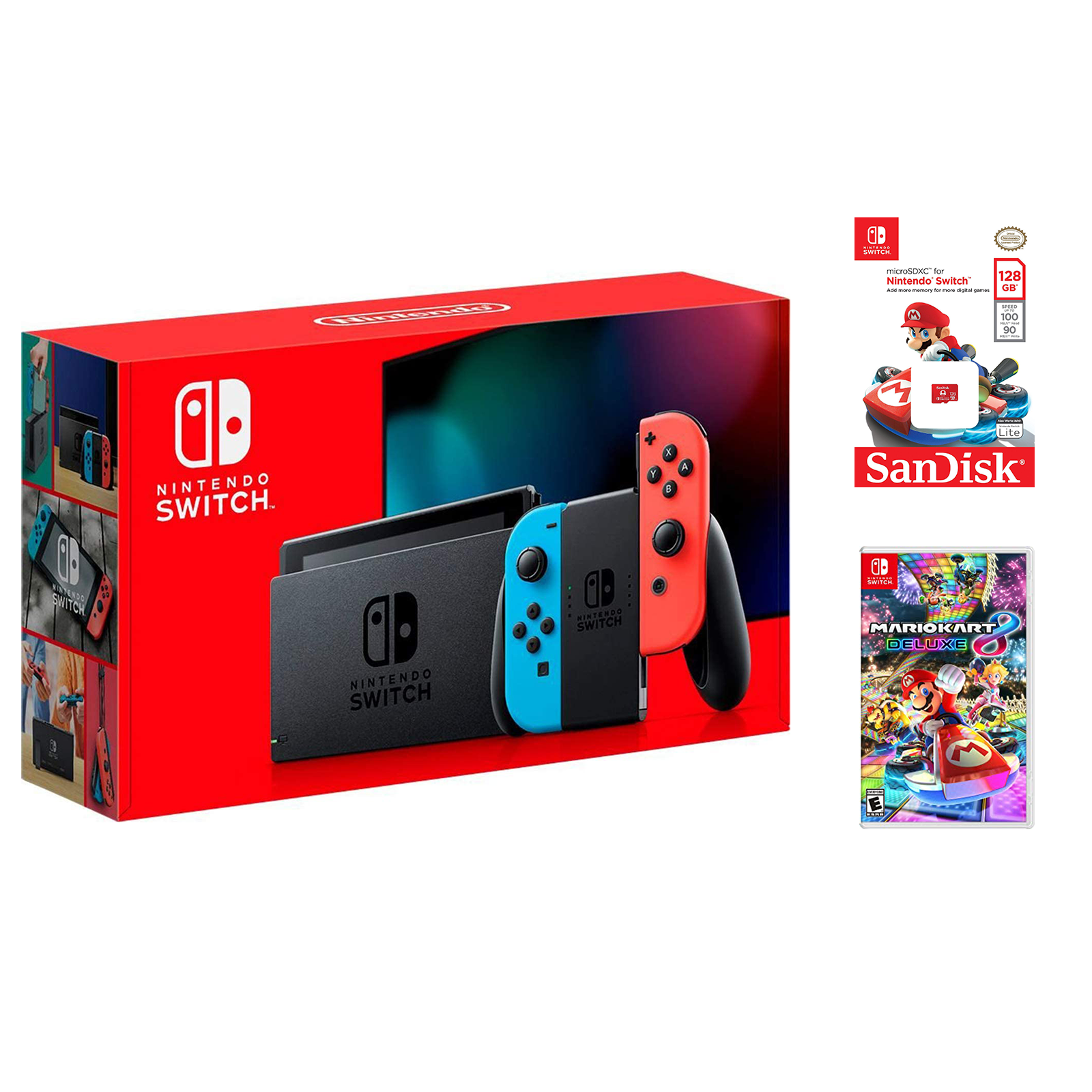 Nintendo Switch™ with Neon Blue & Neon Red Joy-Con (Inernational Edition) with Mariokart Deluxe 8 and 128GB Memory Card