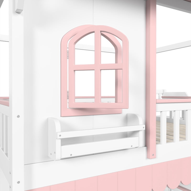 Full-Over-Full Wood Storage Bed Frame with Staircase & Small Bookshelf, Kids House Bunk Bed with Window, Eave & Door