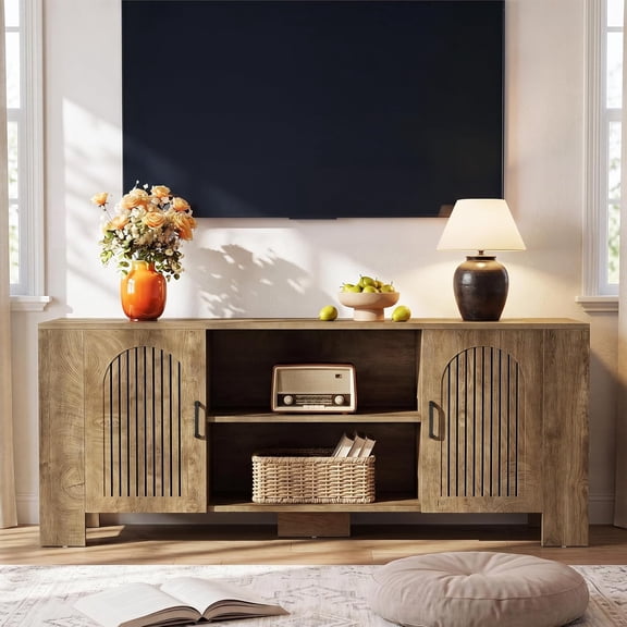 Finmind TV Stand for 65/70/75 Inch TVs, Wood Entertainment Center, Living Room, Brown