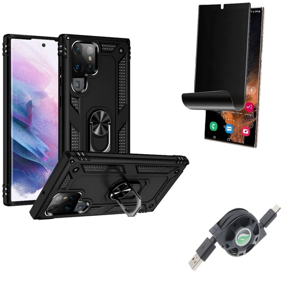 USB Cable & Privacy Screen Protector & Hybrid Case Cover for Samsung Galaxy S22 Ultra (6.8") - Combo Retractable Type-C Charger & TPU Film (Fingerprint) Anti-Peep & Metal Ring Kickstand