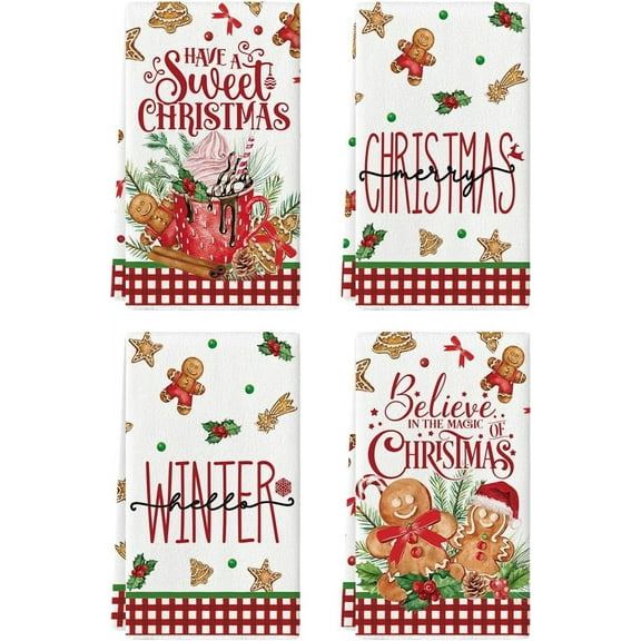 SOME THING Gingerbread Have A Sweet Christmas Kitchen Towels Dish Towels, 18x26 Inch Daily Holly Winter Decoration Hand Towels Set of 4
