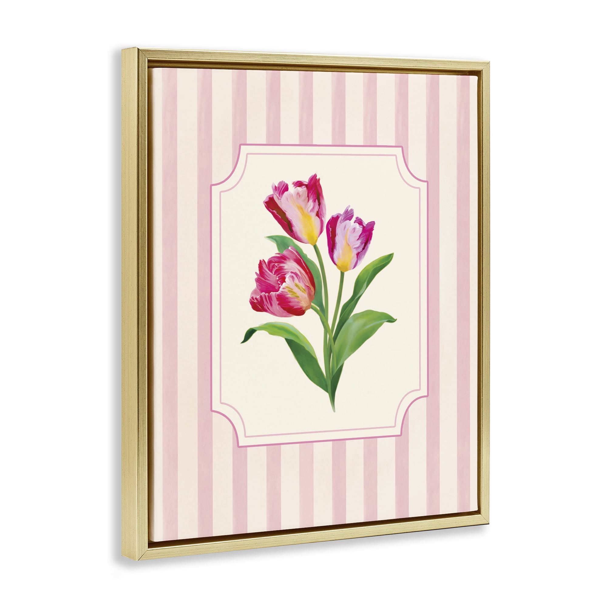 Stupell Industries Magenta Tulips over Stripes Gold Framed Floater Canvas Wall Art, design by Diane Neukirch