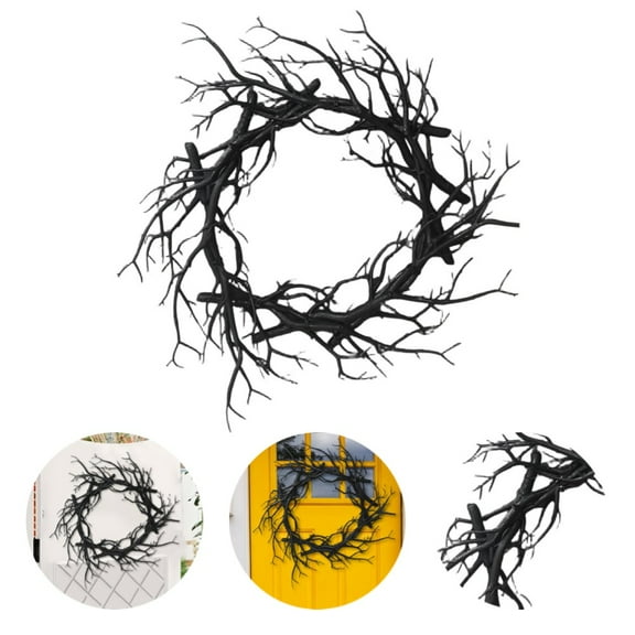 Artificial Black Branch Halloween Wreath - 16 Inch Plastic Twig Wreath for Front Door Gothic Horror Decor, Indoor Outdoor Farmhouse Party Wall Window Decoration with Spooky Grapevine Style