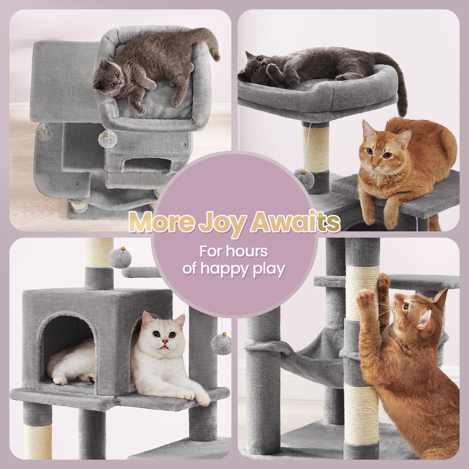 44.1' Cat Tree Tower for Indoor Cats ,Multi-Level Cat Condo Cat Furniture with Scratching Posts, Perches, Hammock, Cave , Light Gray