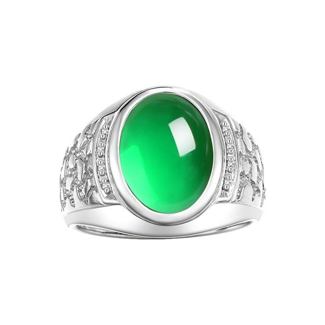 RYLOS Men's Rings 14K White Gold Nugget Ring with Cabochon Gemstone & Diamonds Emerald Rings For Men Size 13