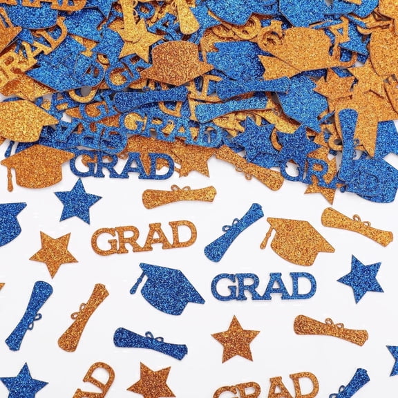 Graduation Orange Blue Confetti 200 Pieces, Glitter Foil Grad Table Scatter with Caps, Diplomas, Stars and GRAD Cutouts for Graduation Party Decorations and Class Celebration Supplies