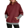 thumbnail image 2 of Otntypg Splicing Oversized Hoodies for Women Casual Striped Patchwork Fake Two Piece Long Sleeve Hooded Pullover Sweatshirts Loose Fit Soft Hoodie Tops with Pockets Wine L, 2 of 10